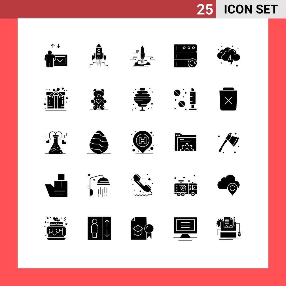 Universal Icon Symbols Group of 25 Modern Solid Glyphs of lightning server launch reload space Editable Vector Design Elements