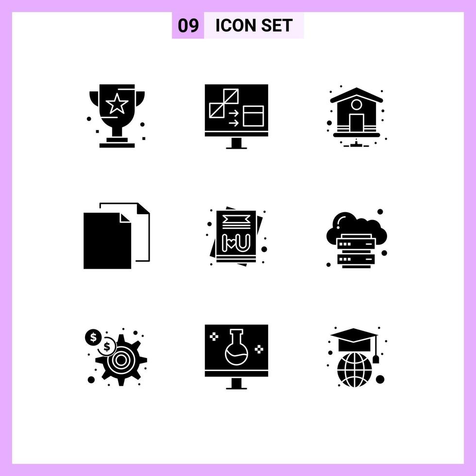 Pack of 9 Modern Solid Glyphs Signs and Symbols for Web Print Media such as card duplicate develop document index page Editable Vector Design Elements