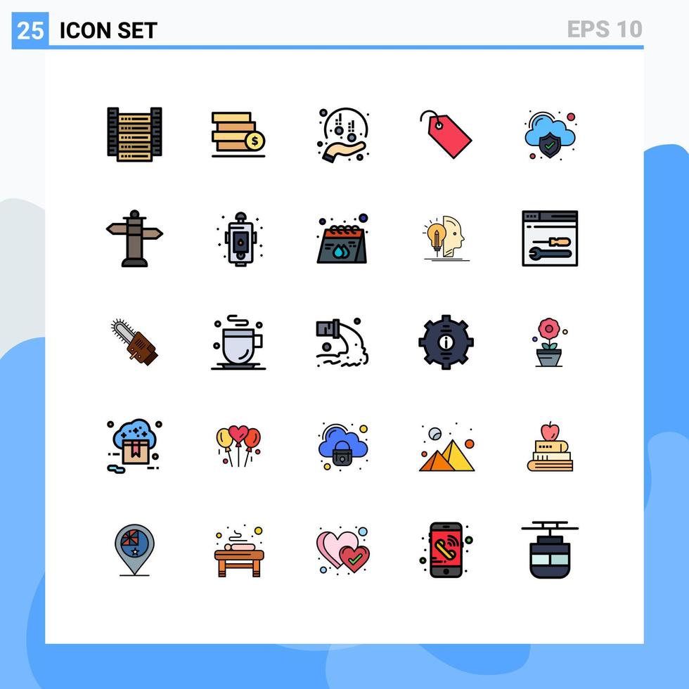 paquete de 25 modernos signos y símbolos de colores planos de línea rellena para medios de impresión web, como etiquetas en la nube, etiquetas de caridad, patrocinio, elementos de diseño de vectores editables