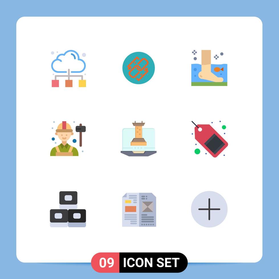 Set of 9 Vector Flat Colors on Grid for labour engineer link employee therapy Editable Vector Design Elements