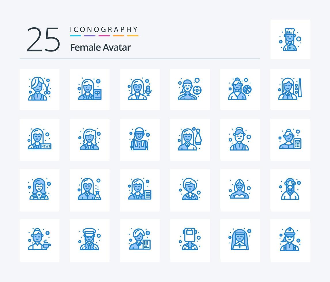 avatar femenino 25 paquete de iconos de color azul que incluye jugadora. jugando al fútbol. escritor. juego al aire libre. jugadora vector