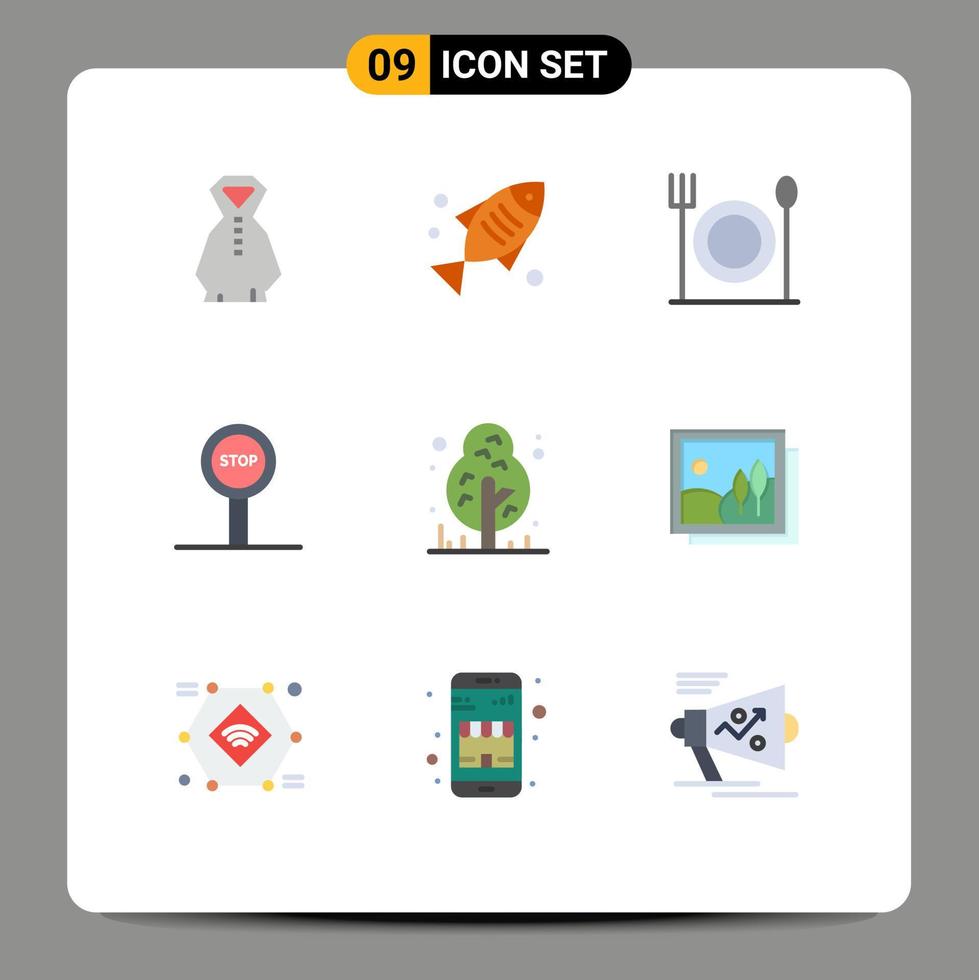 paquete de colores planos de 9 símbolos universales de elementos de diseño de vectores editables de viaje por el bosque de comida de la selva del marco