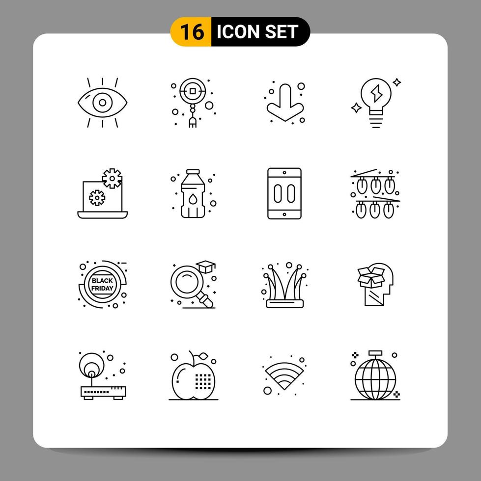 Pack of 16 creative Outlines of setting laptop ornament power bulb Editable Vector Design Elements