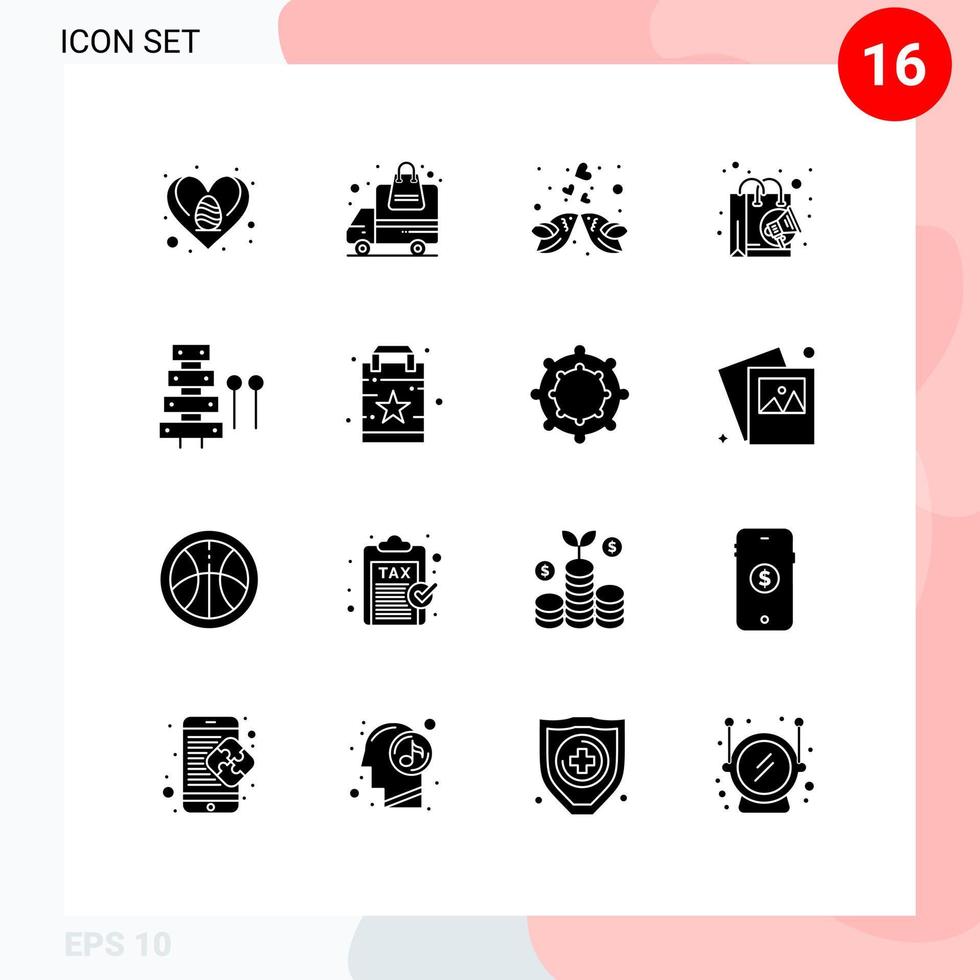 Editable Vector Line Pack of 16 Simple Solid Glyphs of audio marketing kissing digital romantic Editable Vector Design Elements
