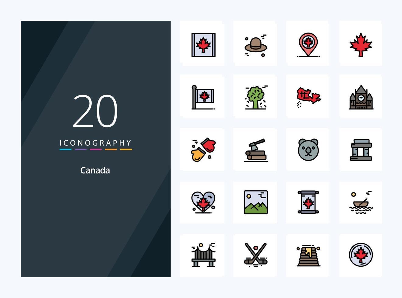 20 icono lleno de línea de canadá para presentación vector