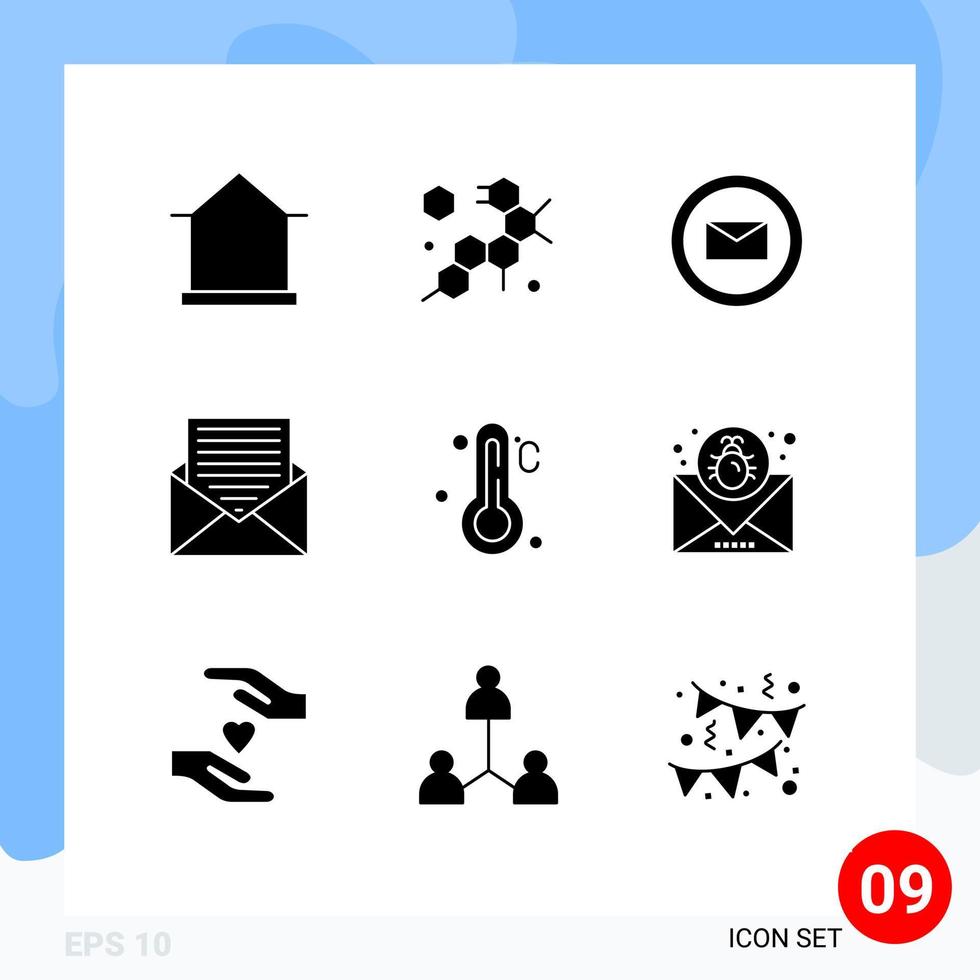 Set of 9 Vector Solid Glyphs on Grid for thermometer letter email envelope contact Editable Vector Design Elements