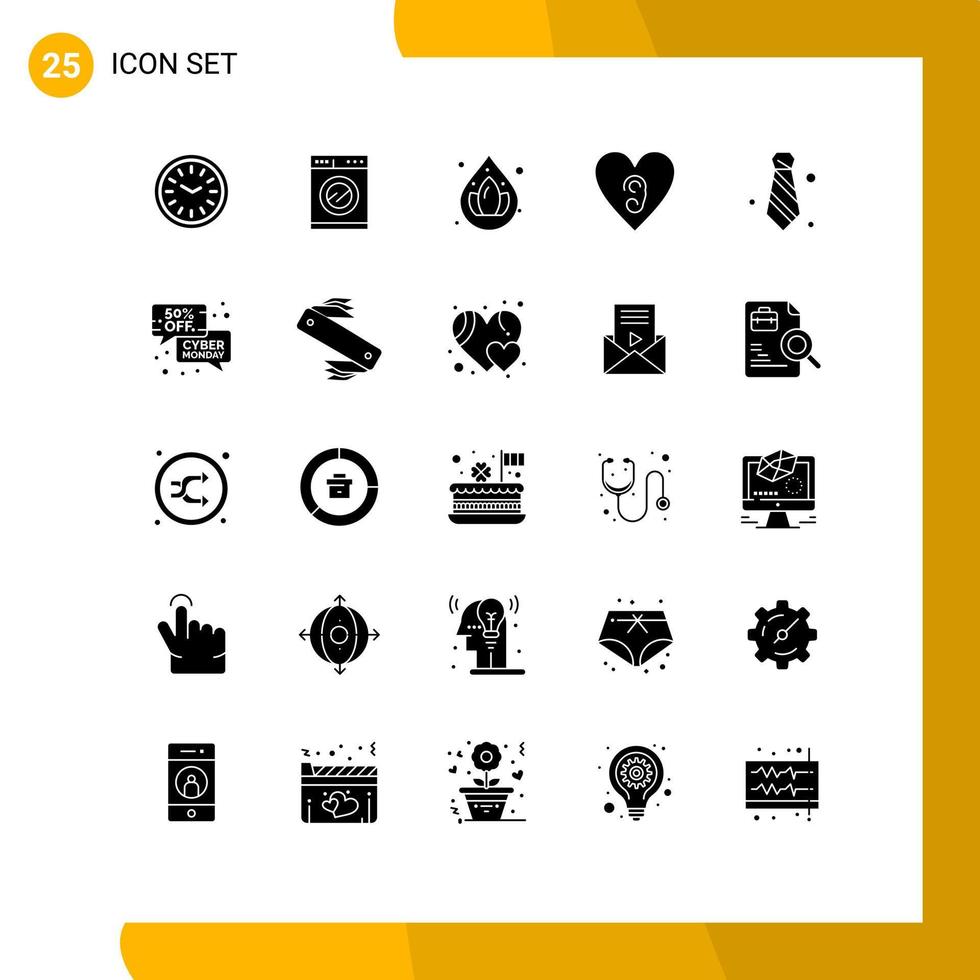 Set of 25 Commercial Solid Glyphs pack for tie dress code water attire heart Editable Vector Design Elements