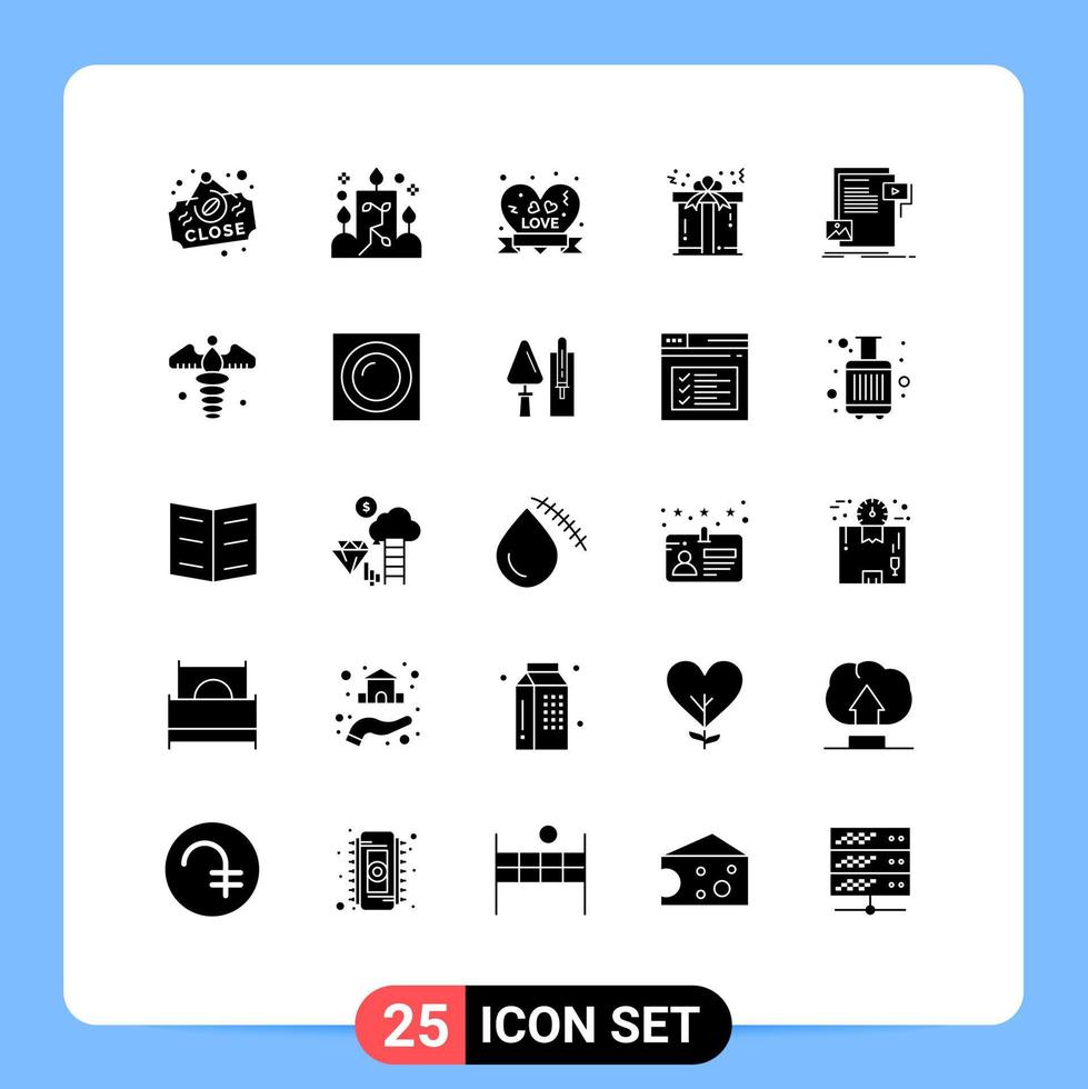 Set of 25 Vector Solid Glyphs on Grid for document love heart badge present christmas Editable Vector Design Elements