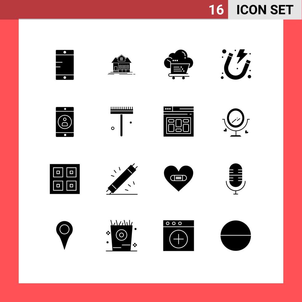 Modern Set of 16 Solid Glyphs and symbols such as mobile magnet cloud power electricity Editable Vector Design Elements