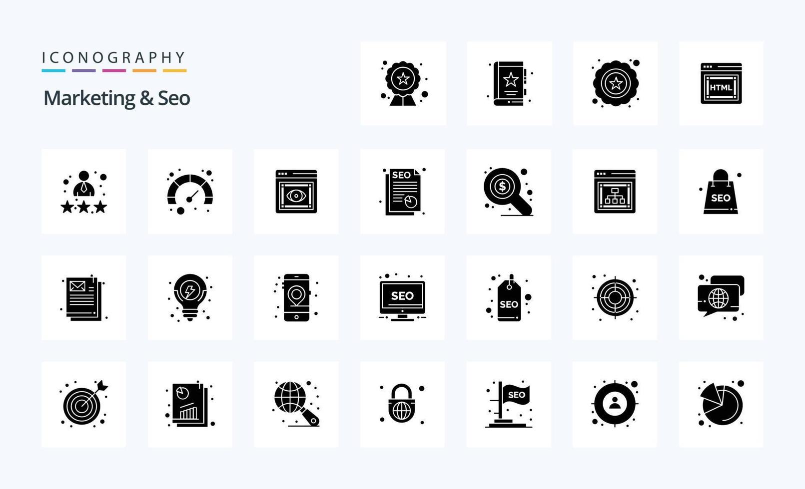 25 Marketing And Seo Solid Glyph icon pack vector