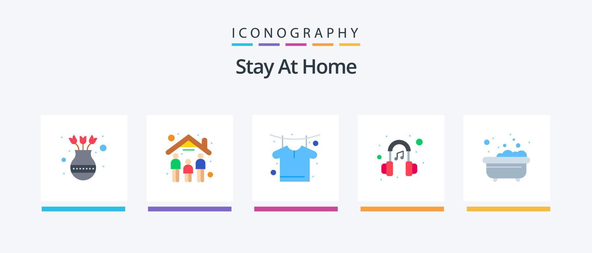 Stay At Home Flat 5 Icon Pack Including bath. sound. stay at home. head phone. shirt. Creative Icons Design vector