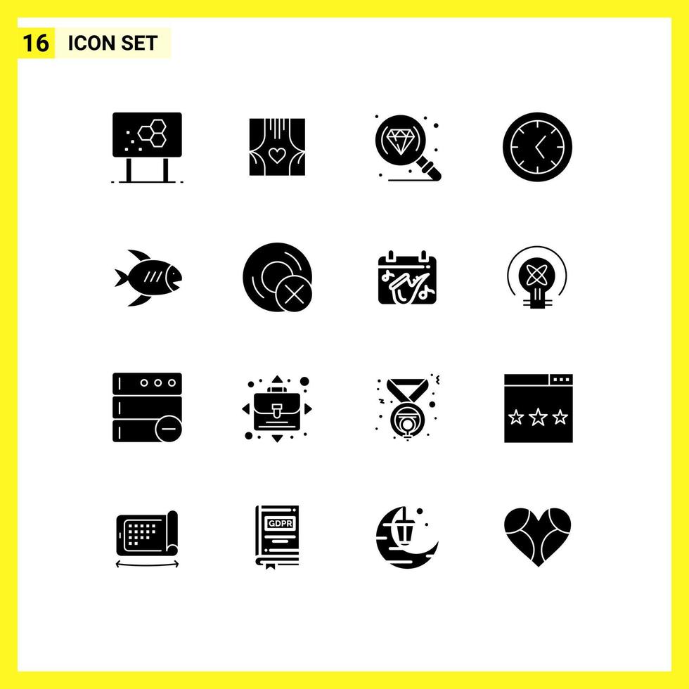 Pictogram Set of 16 Simple Solid Glyphs of fish beach love clock research Editable Vector Design Elements