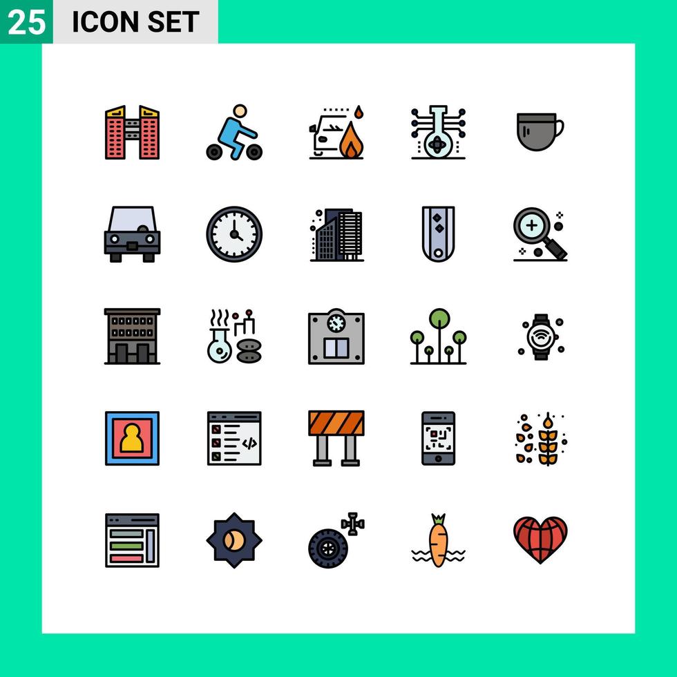 Filled line Flat Color Pack of 25 Universal Symbols of tea technology car science knowledge Editable Vector Design Elements