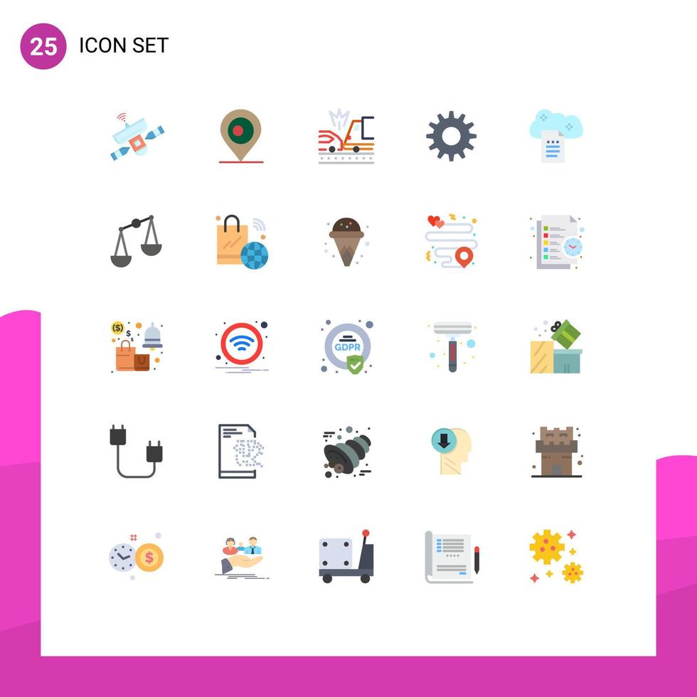 25 Universal Flat Color Signs Symbols of file storage cloud reporting accident setting cogs Editable Vector Design Elements