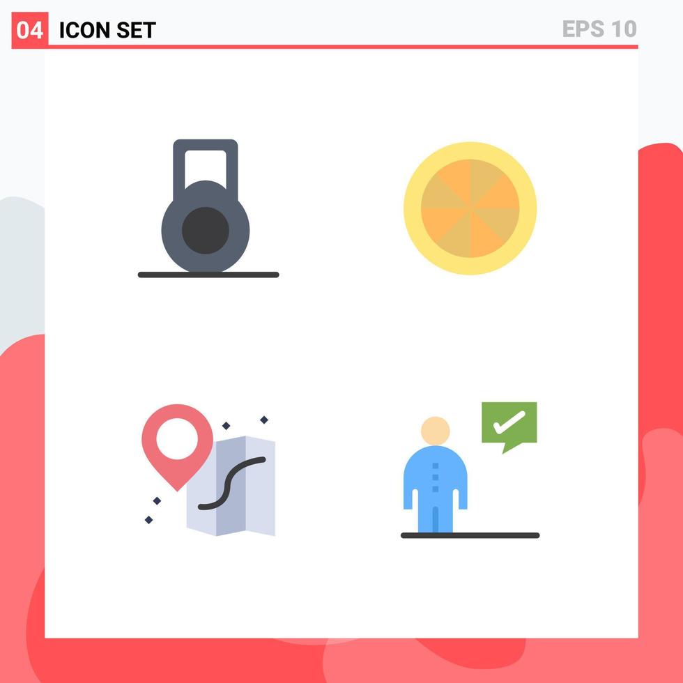 Set of 4 Vector Flat Icons on Grid for dumbbell communication lemon location human Editable Vector Design Elements