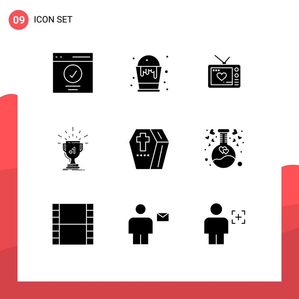 Set of 9 Vector Solid Glyphs on Grid for first win arts trophy movie Editable Vector Design Elements
