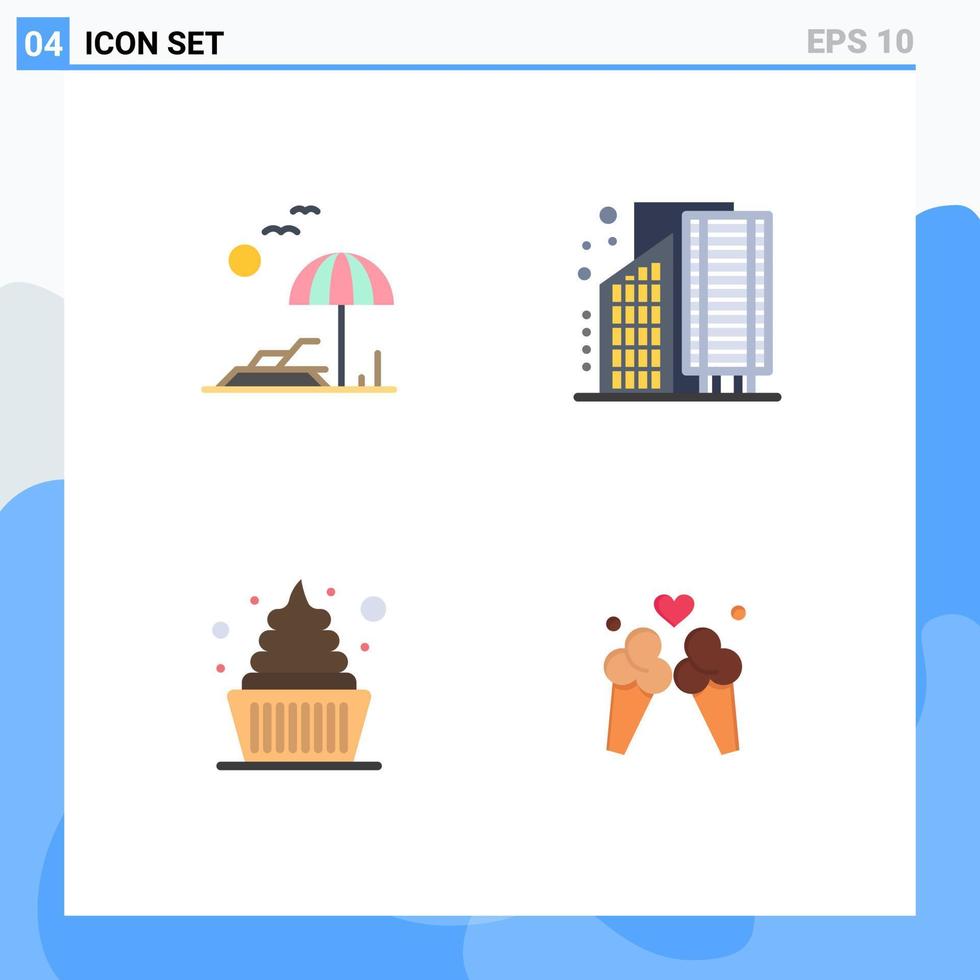 Set of 4 Vector Flat Icons on Grid for beach cream spring city icecream Editable Vector Design Elements