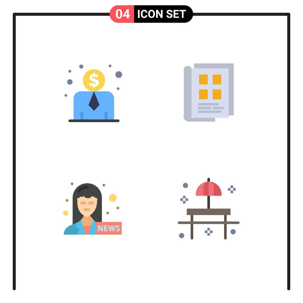 conjunto de 4 paquetes de iconos planos comerciales para empleados costo noticias ancla noticias papel libro de teléfono parque elementos de diseño vectorial editables vector