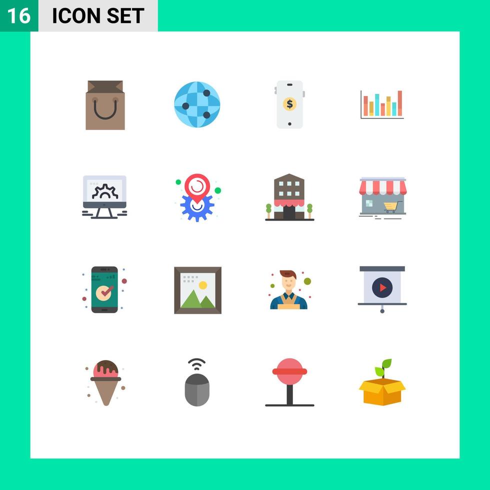 User Interface Pack of 16 Basic Flat Colors of settings computer market down line Editable Pack of Creative Vector Design Elements