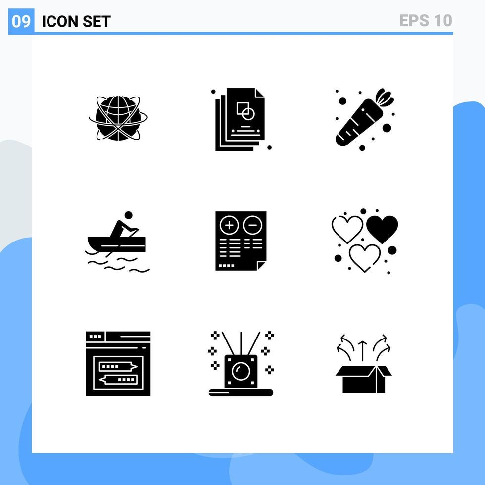 paquete de 9 signos y símbolos de glifos sólidos modernos para medios de impresión web, como elementos de diseño de vectores editables de comida de barco creativo de remo de agua