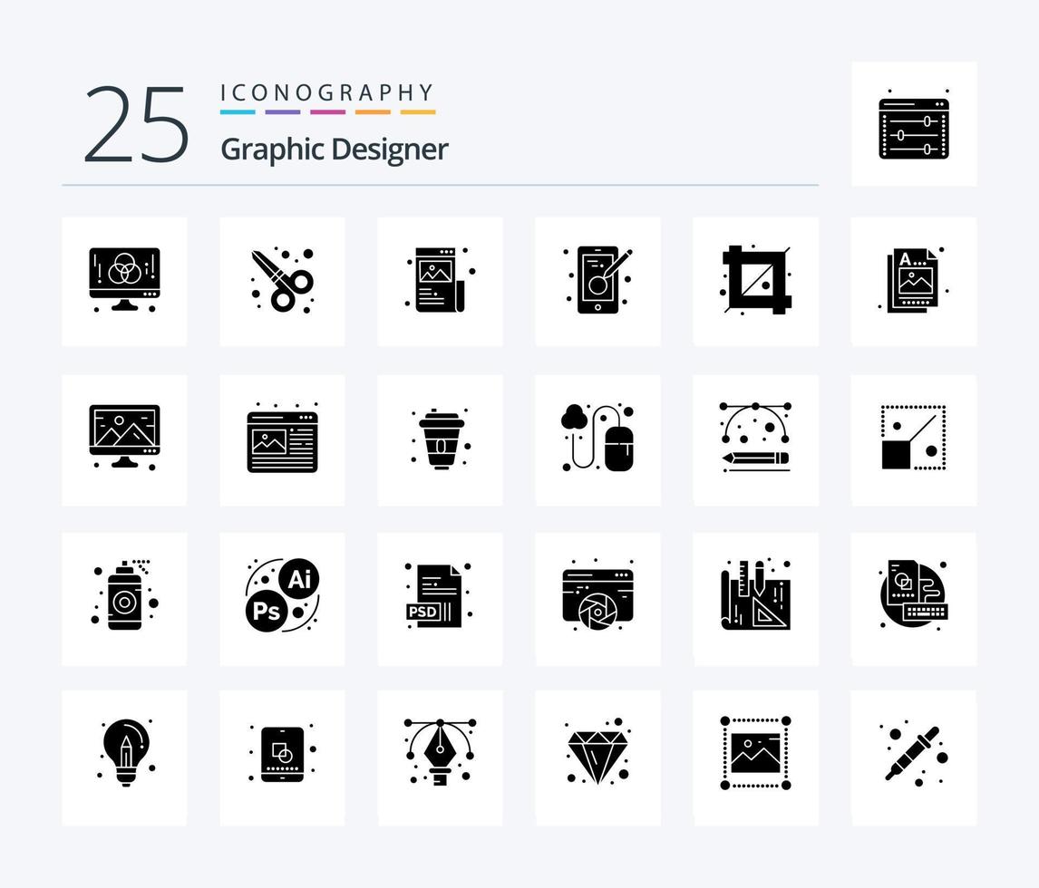 Graphic Designer 25 Solid Glyph icon pack including crop. designing. art. design. image vector