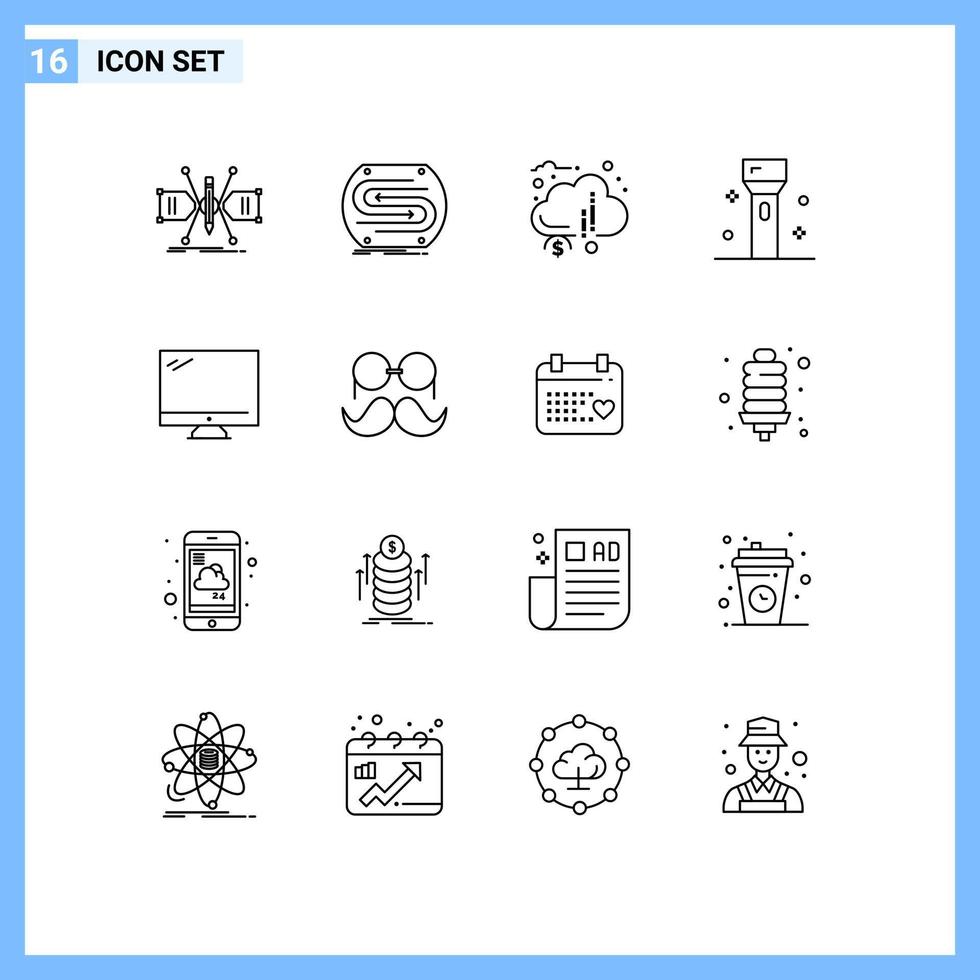 Group of 16 Outlines Signs and Symbols for flashlight devices match funds donation Editable Vector Design Elements