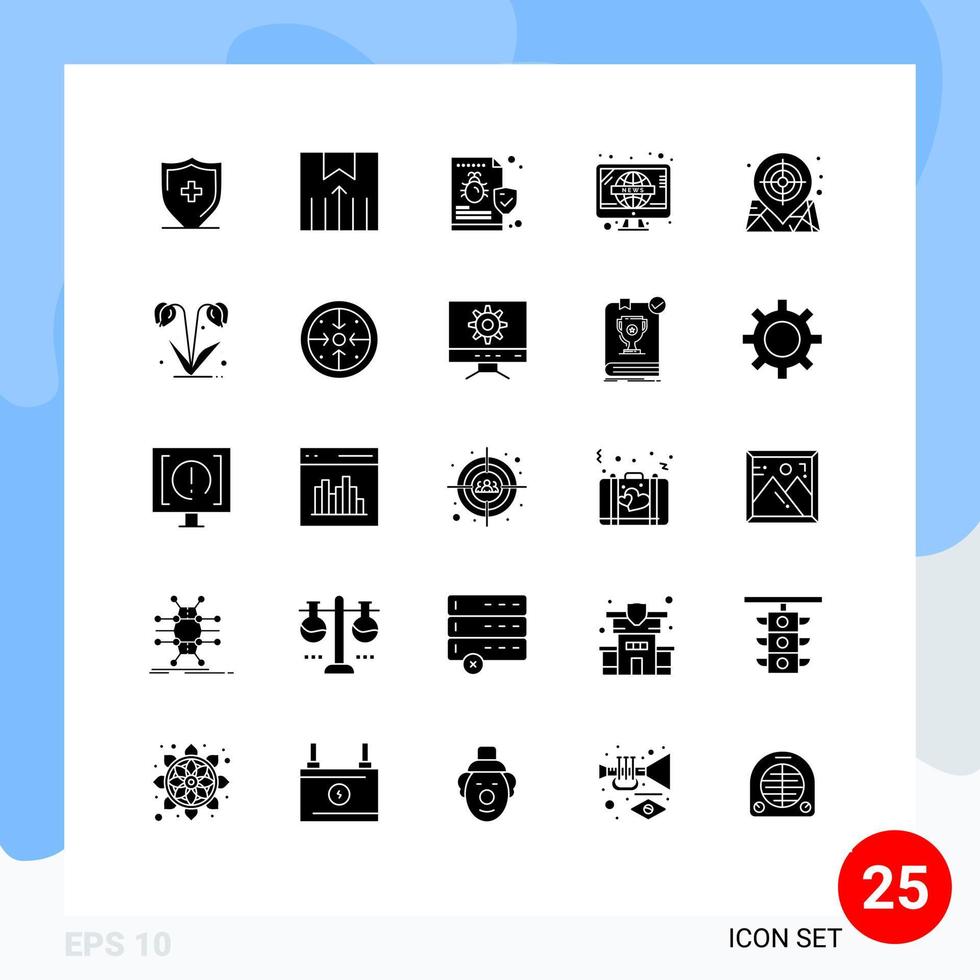 conjunto moderno de 25 glifos y símbolos sólidos, como elementos de diseño de vectores editables de virus retro de error de televisión de mapa