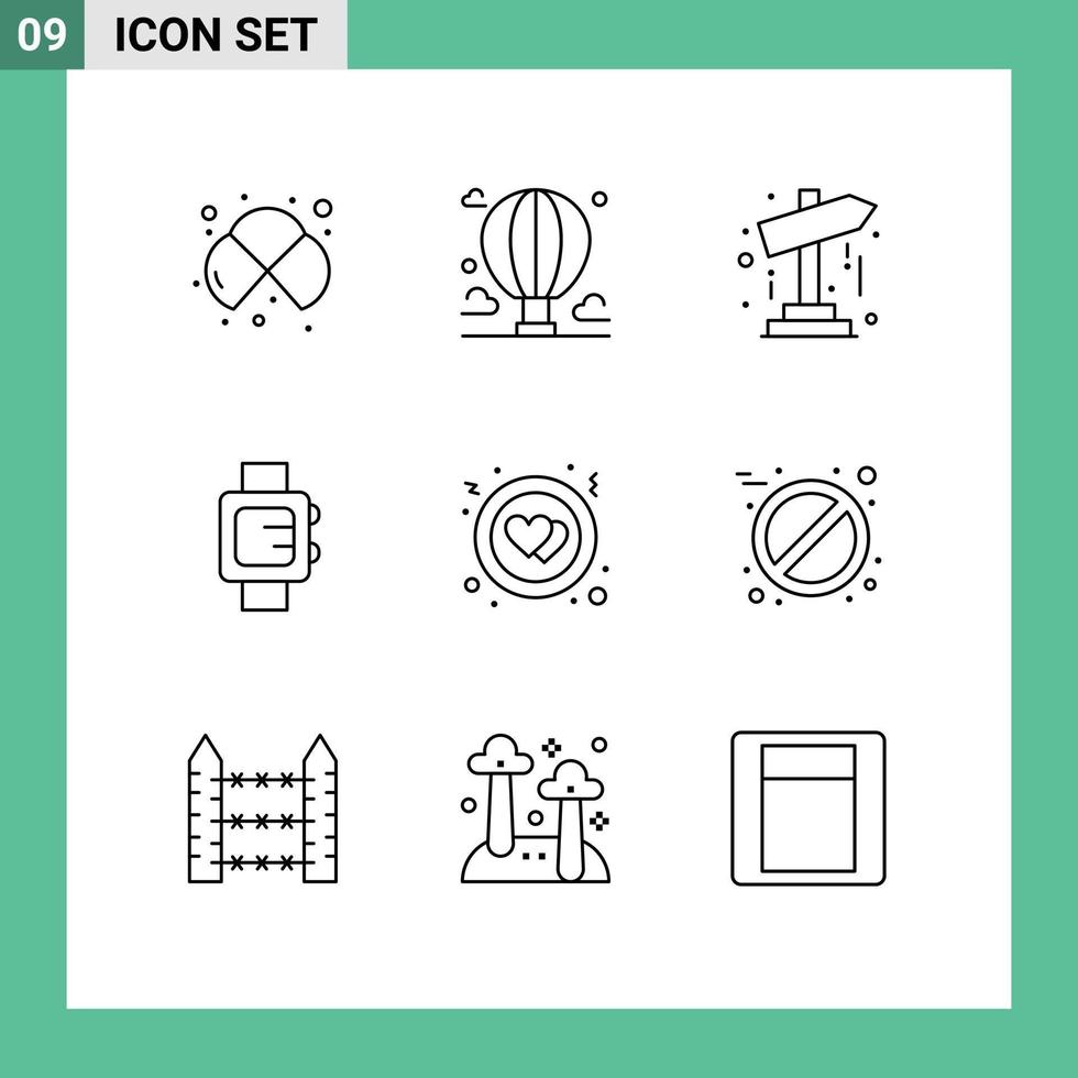 Group of 9 Outlines Signs and Symbols for circle clock mountain hand watch pointer Editable Vector Design Elements