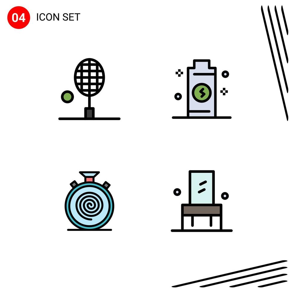 Set of 4 Modern UI Icons Symbols Signs for badminton action tennis electricity flow Editable Vector Design Elements