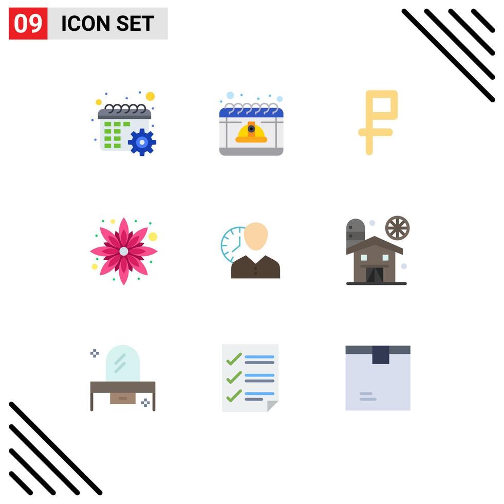 paquete de 9 signos y símbolos de colores planos modernos para medios de impresión web, como elementos de diseño de vectores editables de flores florales de tapa de reloj de hombre