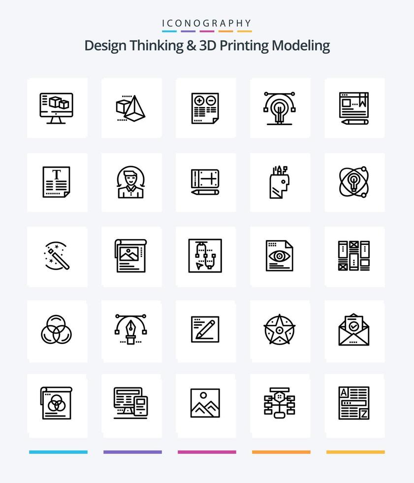 Creative Design Thinking And D Printing Modeling 25 OutLine icon pack  Such As text. educat. cons. idea. bulb vector