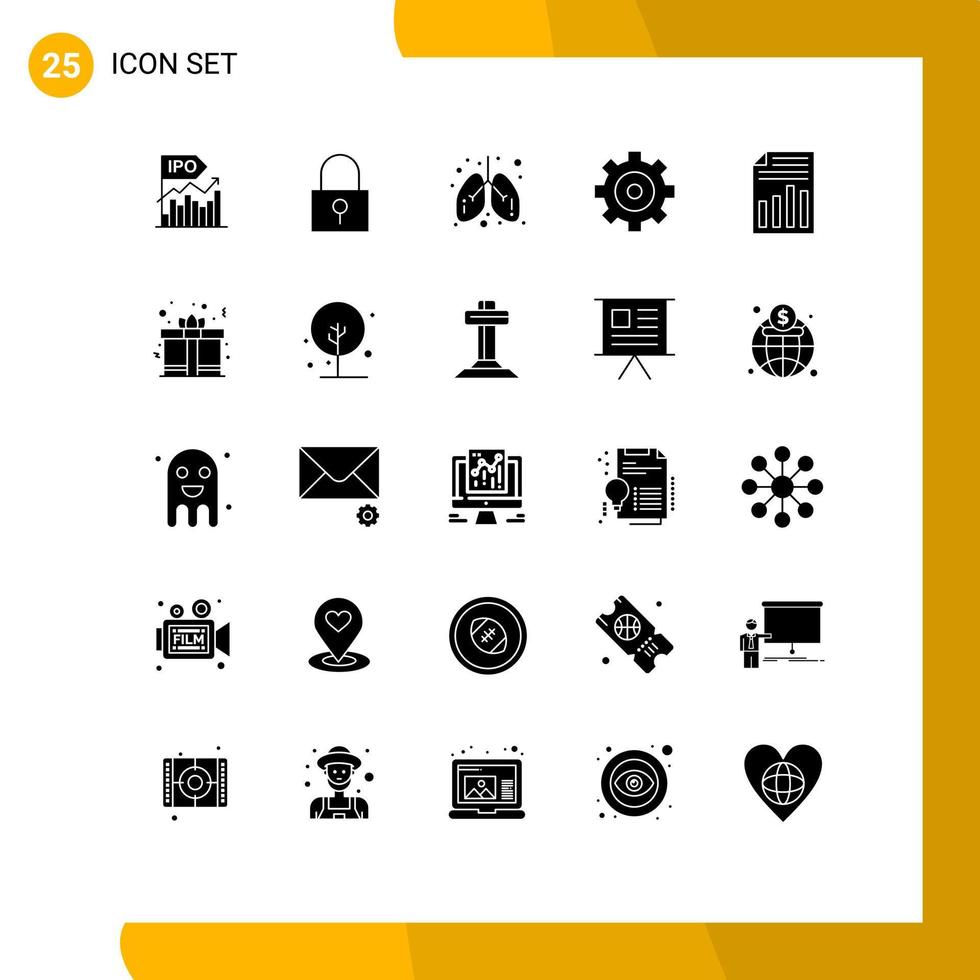 25 Solid Glyph concept for Websites Mobile and Apps document gear password lock control lungs Editable Vector Design Elements