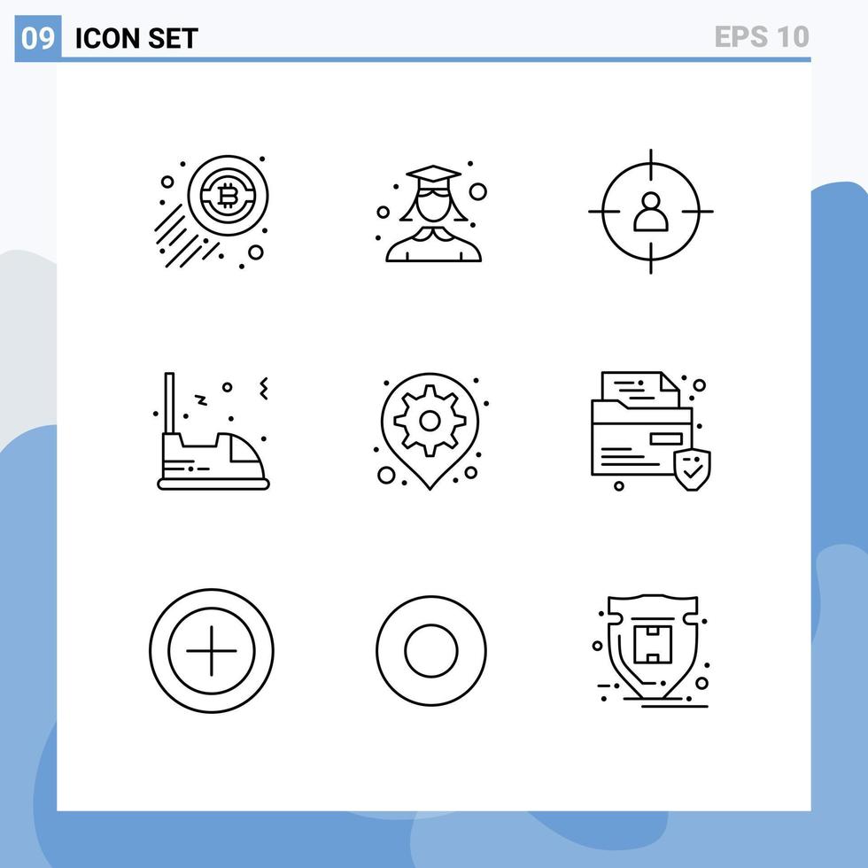 Universal Icon Symbols Group of 9 Modern Outlines of gear vehicle business travel electric Editable Vector Design Elements