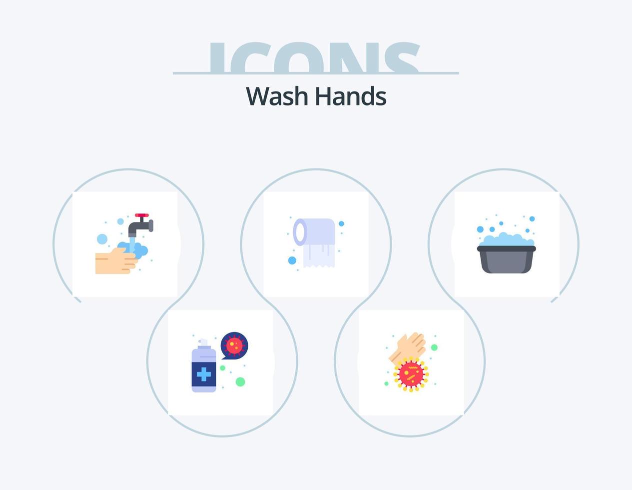 lavarse las manos icono plano paquete 5 diseño de iconos. cuenca. pañuelo de papel. las manos. rollo. burbuja vector