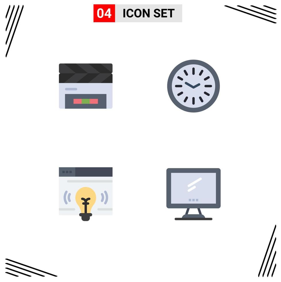 Pack of 4 creative Flat Icons of clapboard webpage film flap time computer Editable Vector Design Elements
