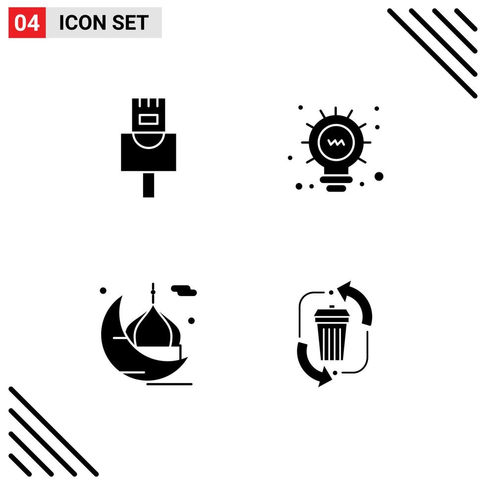Editable Vector Line Pack of 4 Simple Solid Glyphs of cable pray light cresent disposal Editable Vector Design Elements