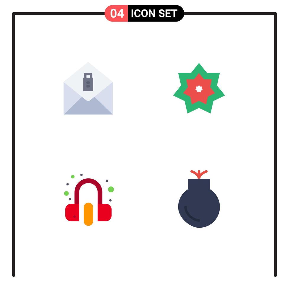 Set of 4 Vector Flat Icons on Grid for mail headphone holy month earphone Editable Vector Design Elements