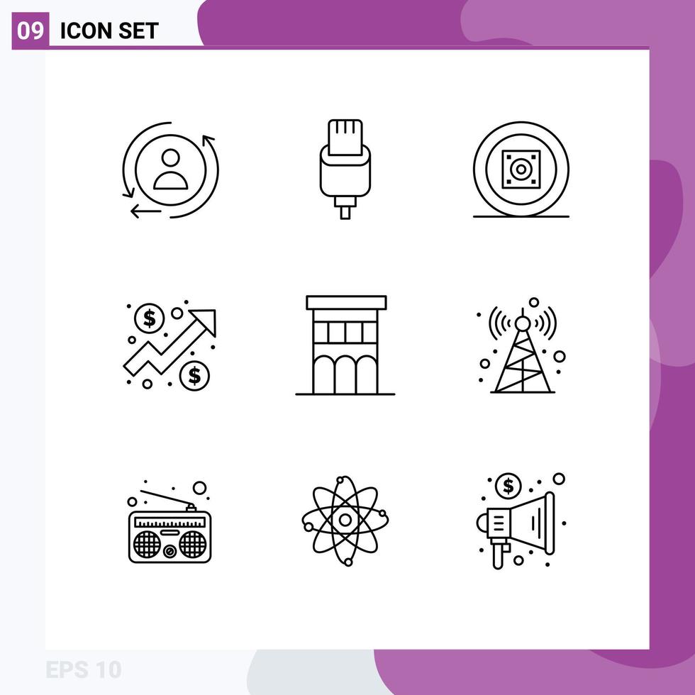 Pack of 9 Modern Outlines Signs and Symbols for Web Print Media such as house architecture music graph chart Editable Vector Design Elements