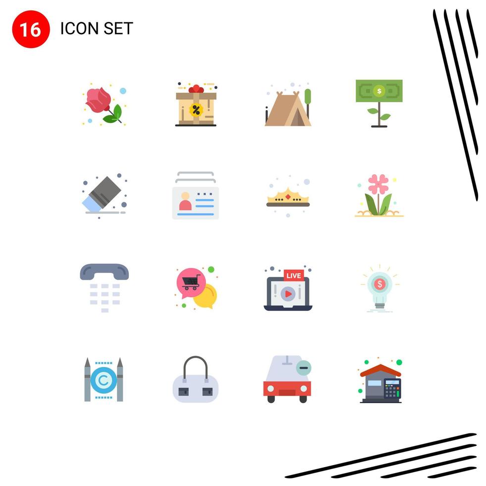 16 User Interface Flat Color Pack of modern Signs and Symbols of remove delete camping growth money Editable Pack of Creative Vector Design Elements