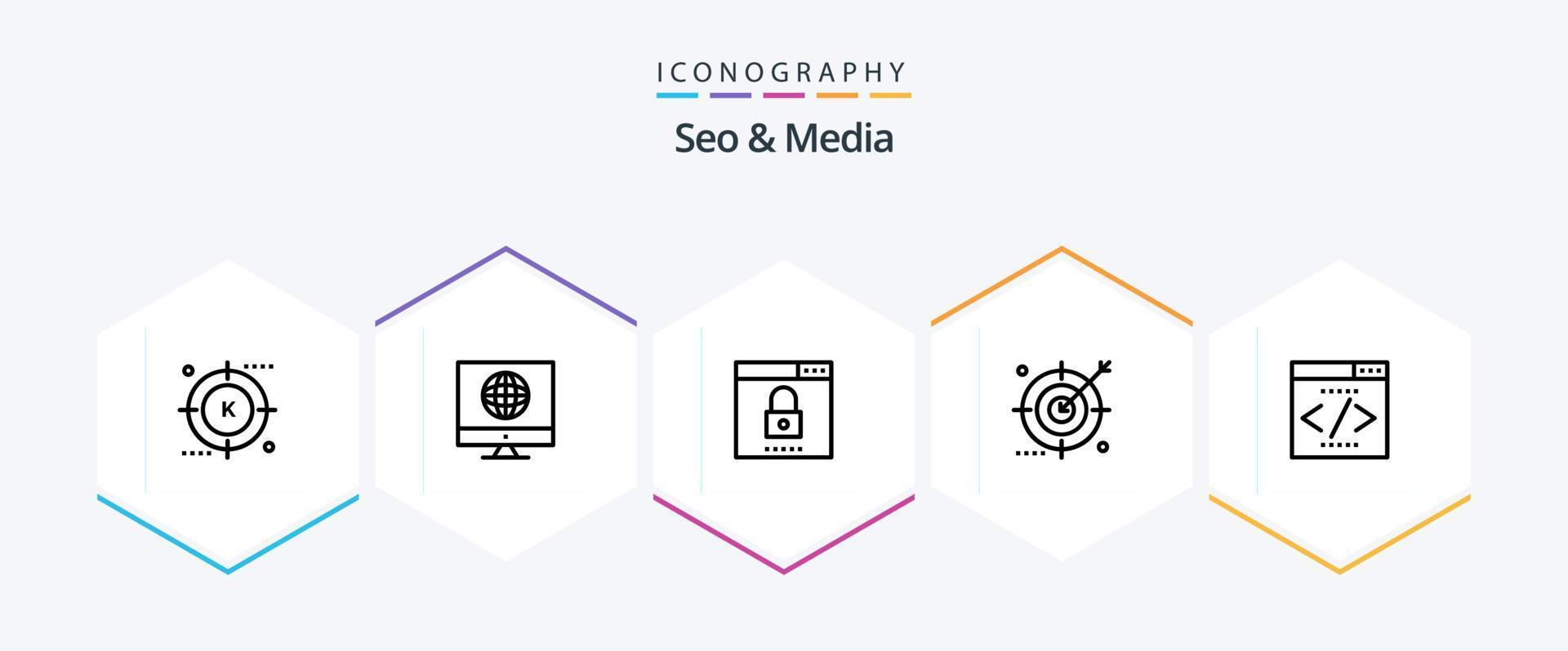 Seo and Media 25 Line icon pack including optimization. engine. web. audience. search vector
