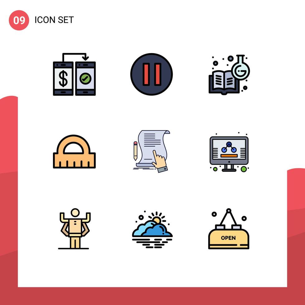 paquete de 9 signos y símbolos de colores planos de línea de relleno modernos para medios de impresión web, como documentos de signos, libros de química, control de contratos, elementos de diseño de vectores editables