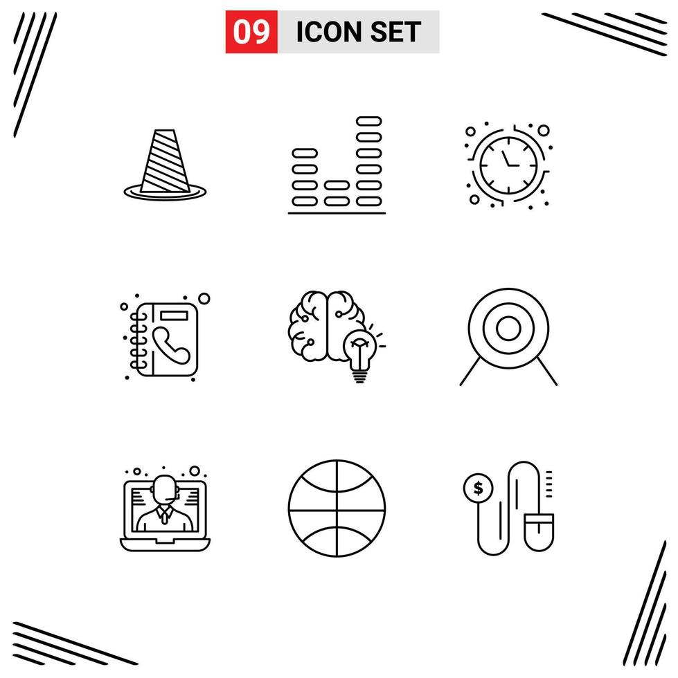 paquete de iconos vectoriales de stock de 9 signos y símbolos de línea para el directorio de la guía telefónica, libro de música, dinero, elementos de diseño vectorial editables vector