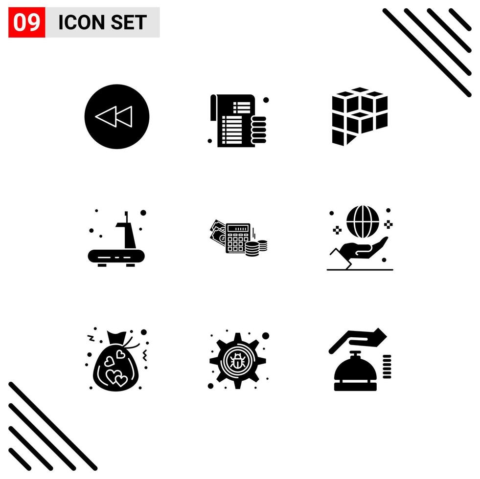 Pictogram Set of 9 Simple Solid Glyphs of calculator money coin treadmill gym Editable Vector Design Elements