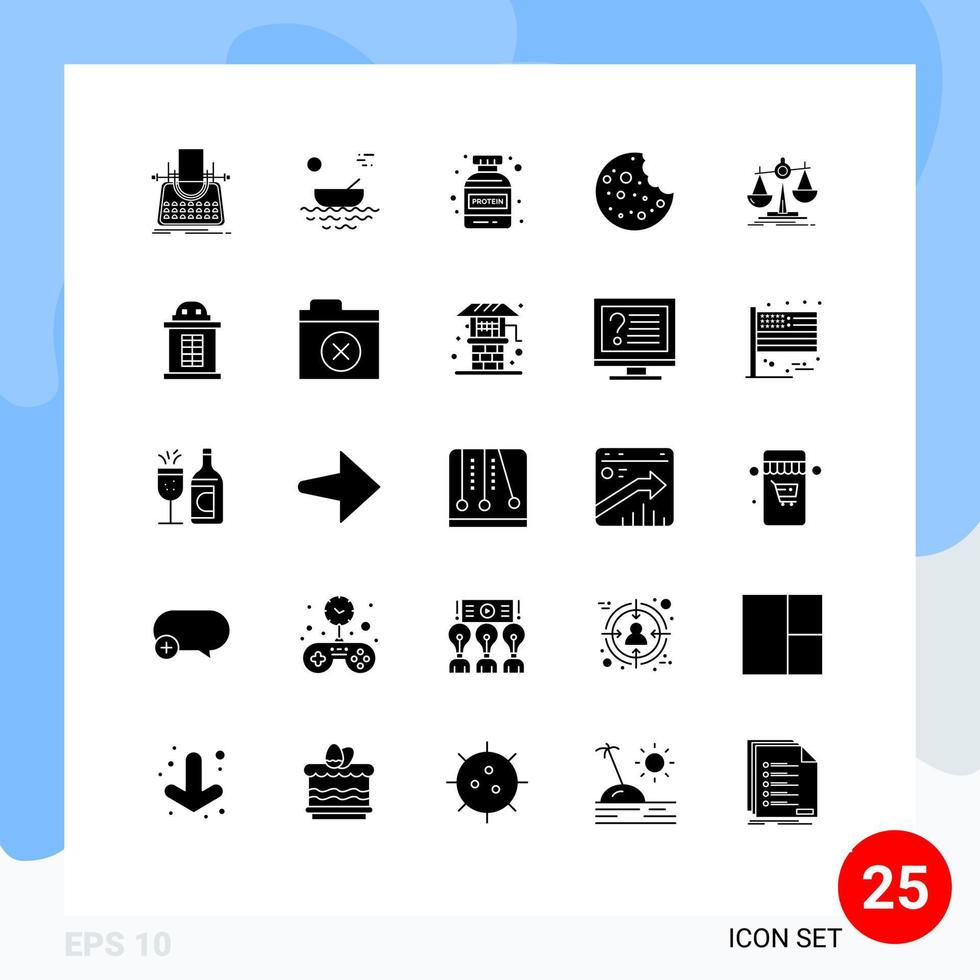 Group of 25 Solid Glyphs Signs and Symbols for law slice river sausage bottle Editable Vector Design Elements