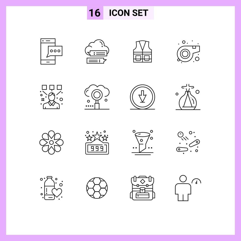 Editable Vector Line Pack of 16 Simple Outlines of whistle referee cloud repair labour Editable Vector Design Elements