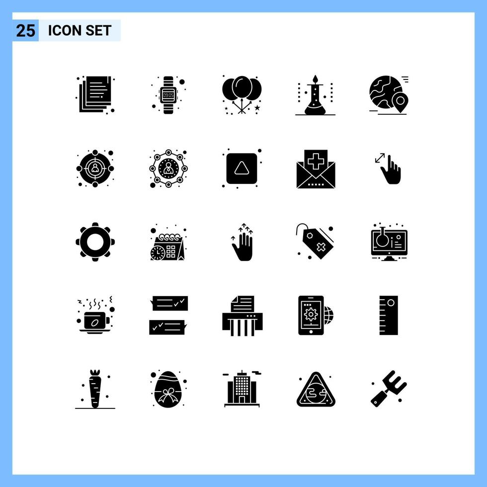 Modern Set of 25 Solid Glyphs and symbols such as pin globe balloon science lab science Editable Vector Design Elements