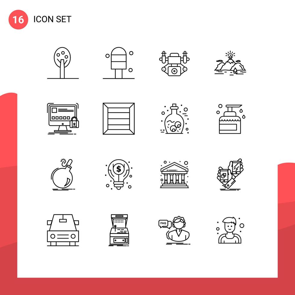 Outline Pack of 16 Universal Symbols of secure lock nature protection blast Editable Vector Design Elements