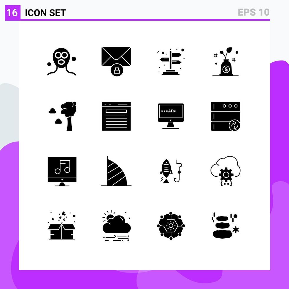 grupo de 16 signos y símbolos de glifos sólidos para encontrar elementos de diseño de vectores editables de inversión en la nube de dirección de la naturaleza