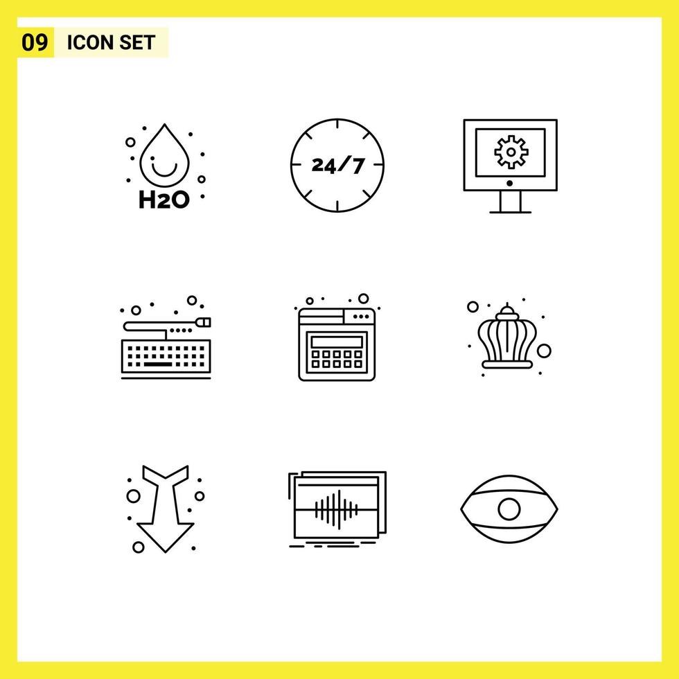 conjunto de pictogramas de 9 contornos simples del teclado de página servicio de soporte en línea tablero de teclado elementos de diseño vectorial editables vector