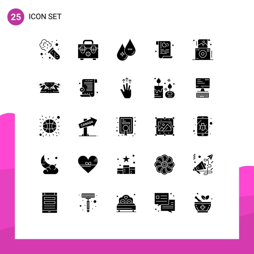 Editable Vector Line Pack of 25 Simple Solid Glyphs of photo security liquid privacy data Editable Vector Design Elements